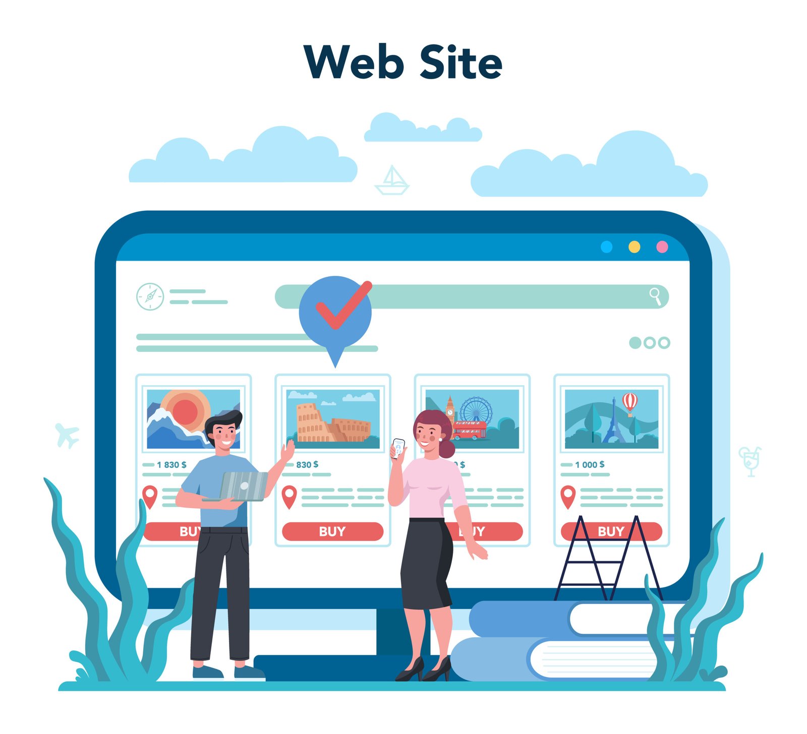 Travel agent online service or platform. Office worker selling tour
