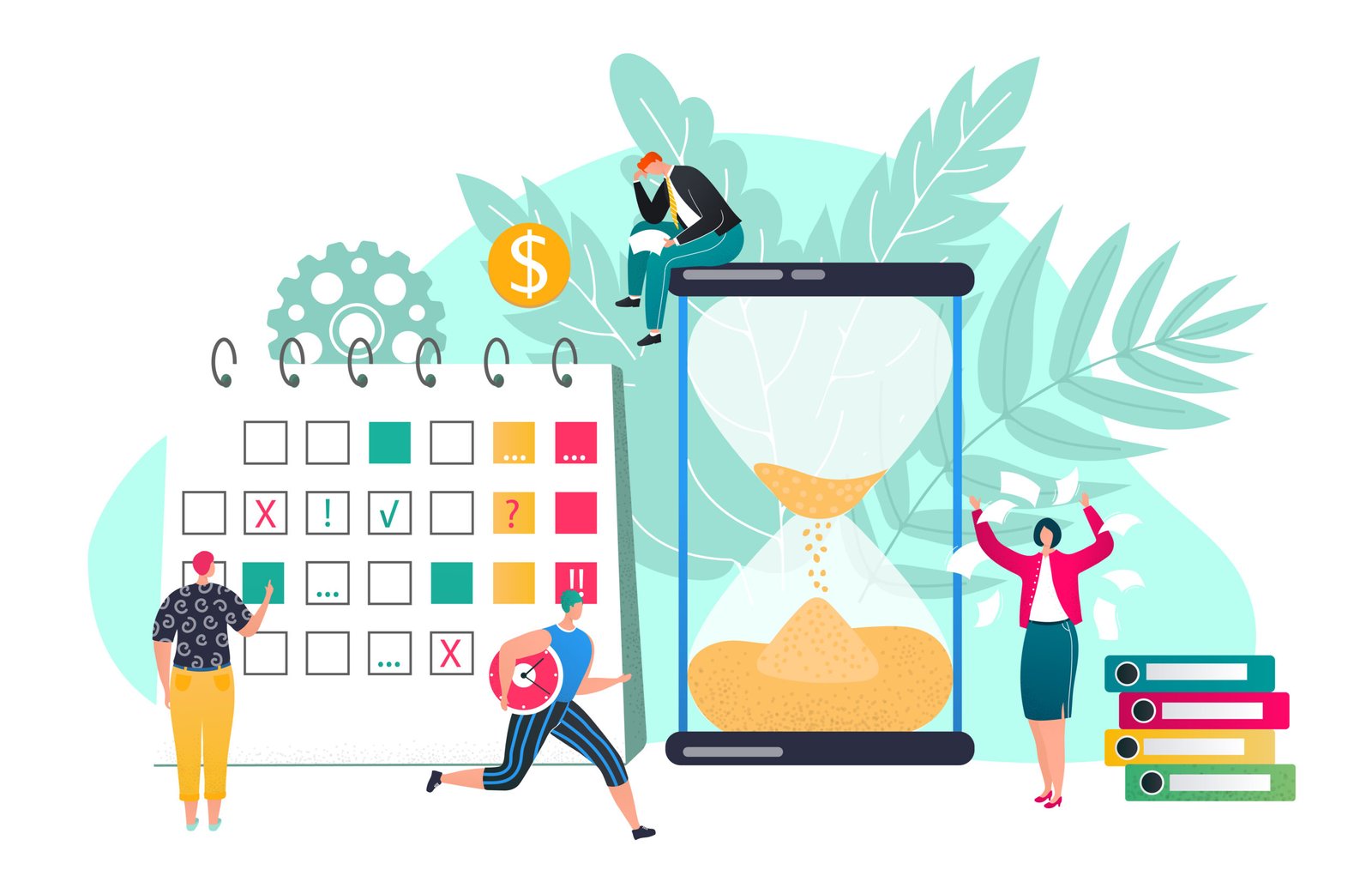 Deadline concept of time management vector illustration. Effective time spending, time planning. Sand clock and planner, schedule.