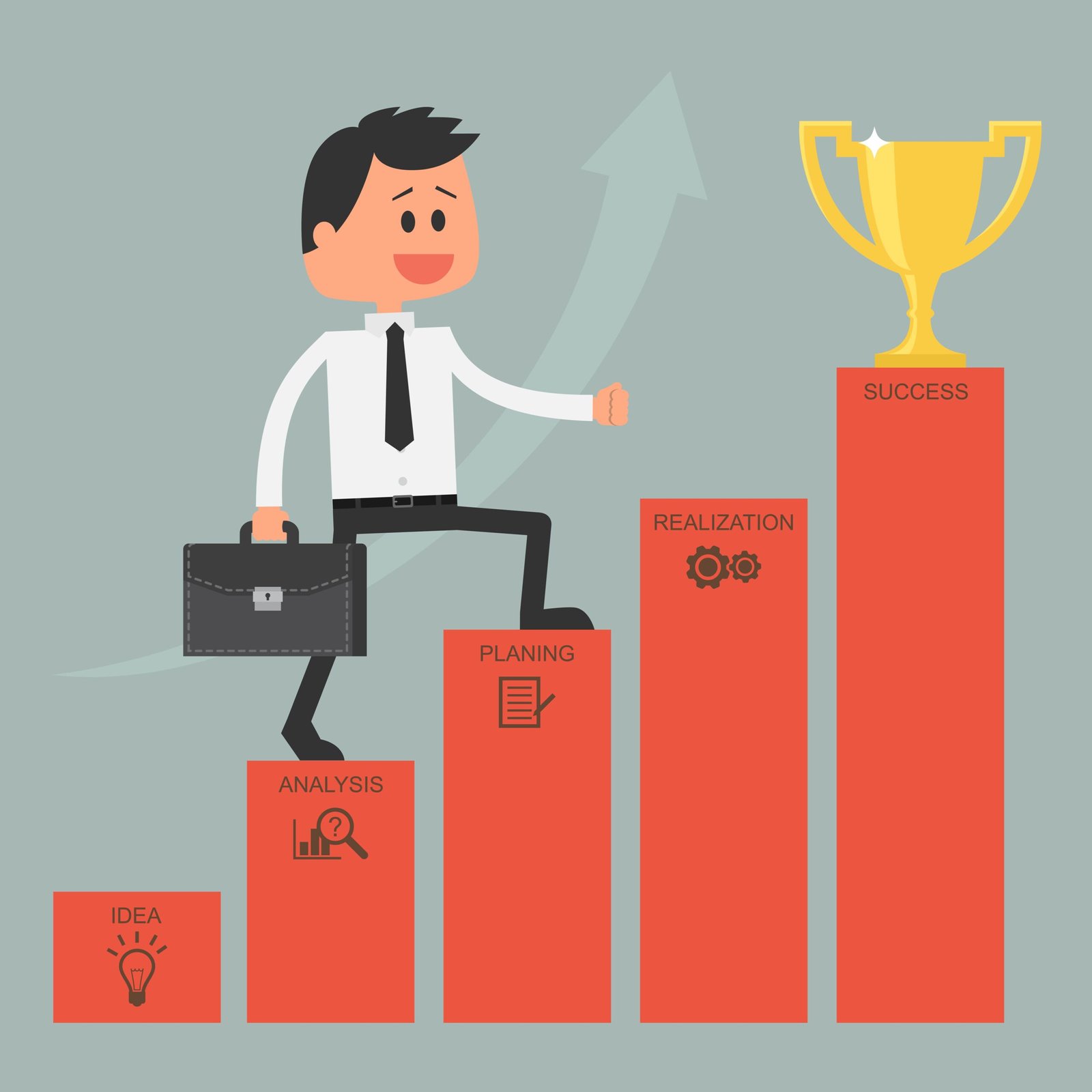 Businessman climbing ladder to success. Goal achievement. Motivation and goal concept to be successful in business and life. Vector illustration in flat design Efecto compuesto<br />