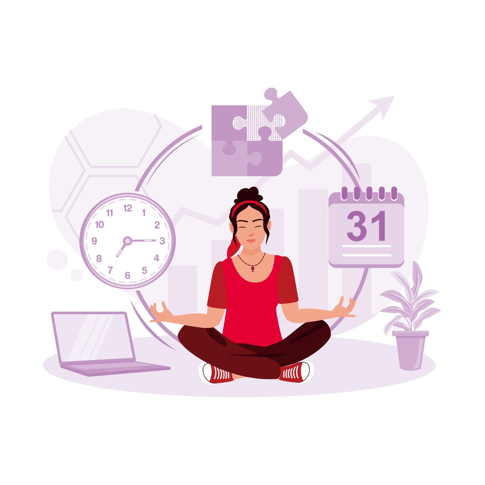 Young businesswoman sitting in a yoga pose, meditating with a time management background. Time Management concept. Trend Modern vector flat illustration