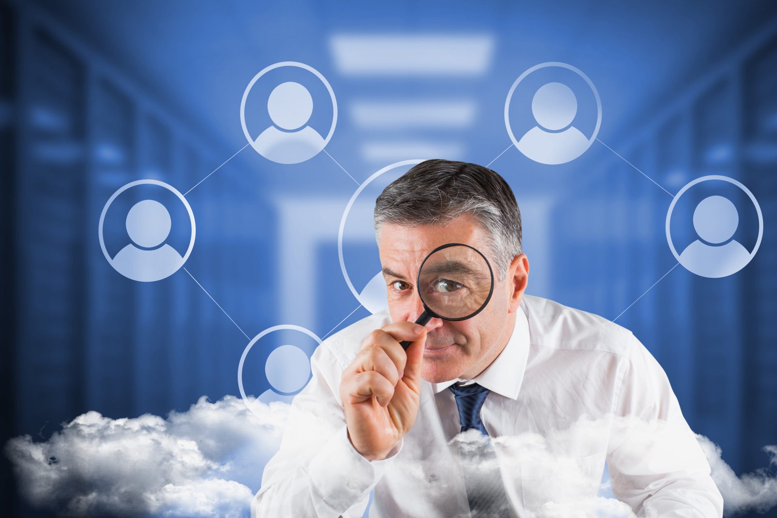 Focused businessman with magnifying glasses against white icons in hallway Persona usando CRM de publicita