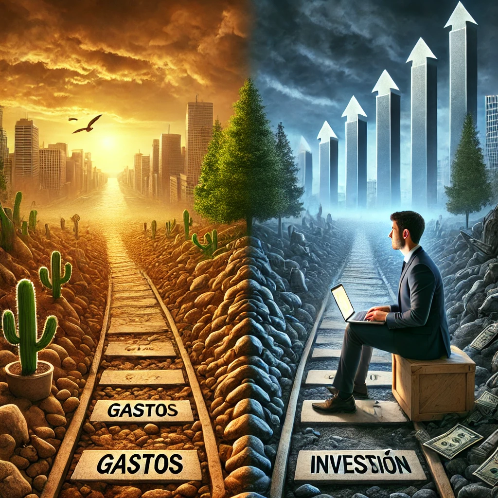 DALL·E 2024-11-17 23.12.08 - Una imagen realista que muestra dos caminos bien diferenciados_ uno etiquetado como 'Gastos' con aspecto desolado y lleno de piedras, que conduce a un